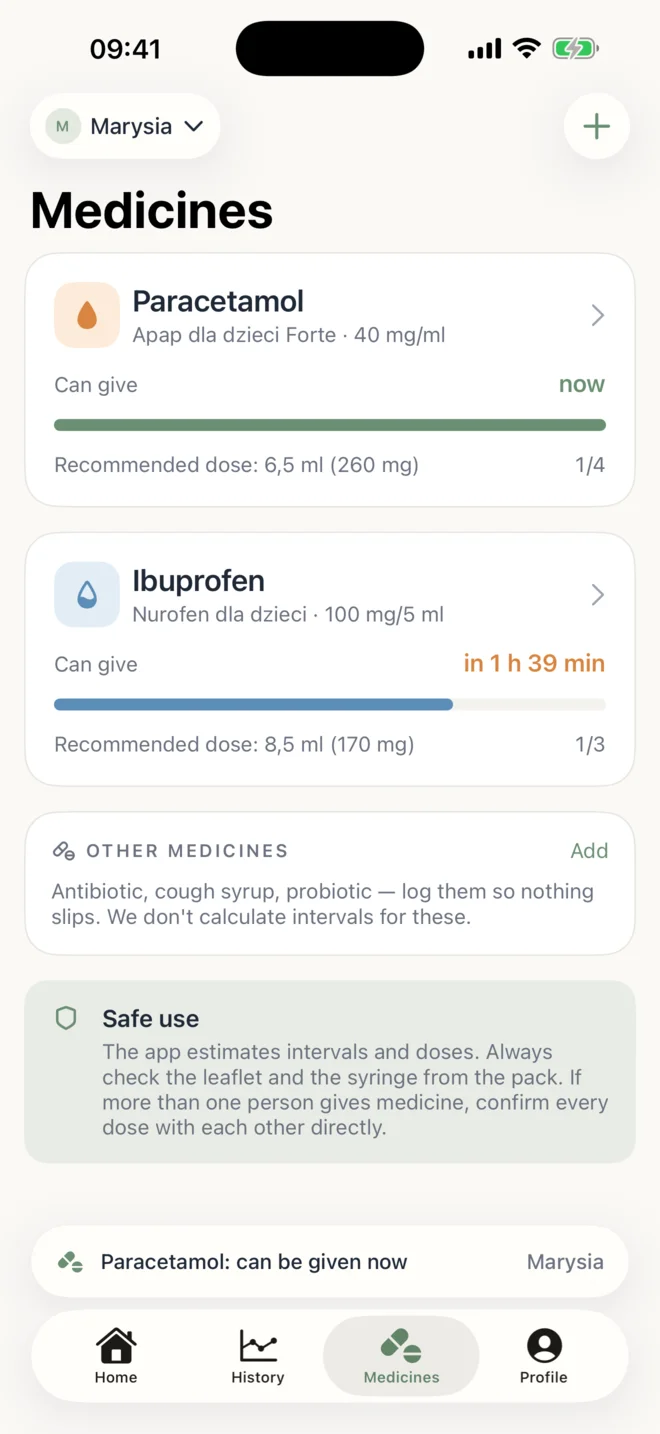 Medicines tab with safety status for paracetamol and ibuprofen